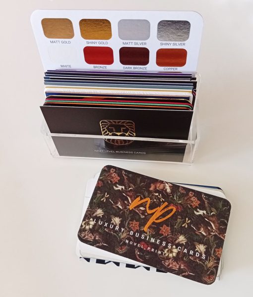 Business Card Sample Pack from above showing acrylic holder