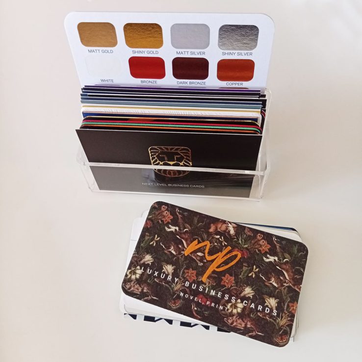 Business Card Sample Pack from above showing acrylic holder