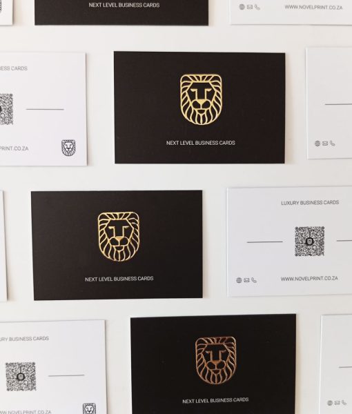 An array of Black and Gold 3D Foiled Business Cards with Novel Print South Africa details