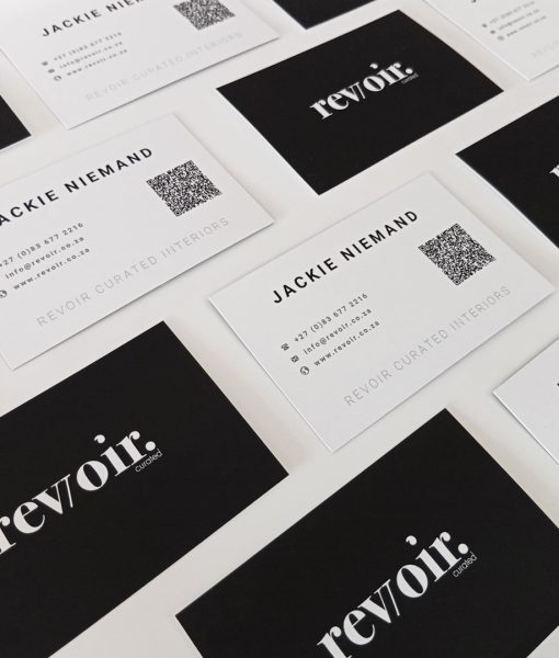 Soft Touch Business Cards done for Revoir Curated with their logo on front and contact details on the back