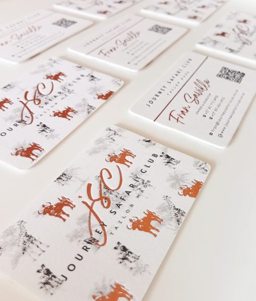 Copper Foiled Letterpress Business Cards arranged in a horizontal grid
