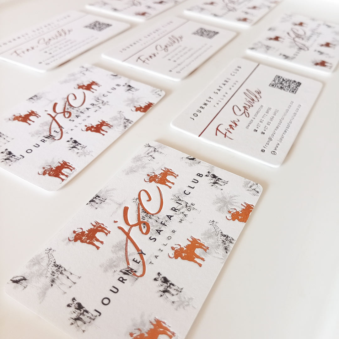 Copper Foiled Letterpress Business Cards arranged in a horizontal grid