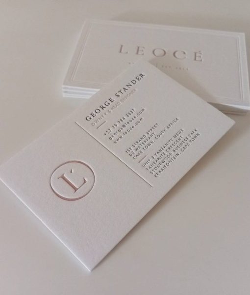 Front and back of the Debossed letterpress business cards with the Leocé logo and contact details