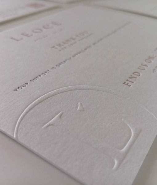 Photo of the Leocé Luxury Thank You Cards showing the debossed L monogram logo