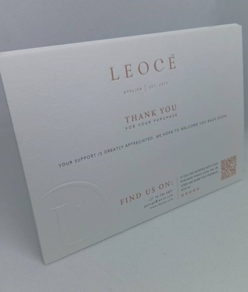 Single Thank You Card standing up showing the letterpress logo and space for a handwritten note
