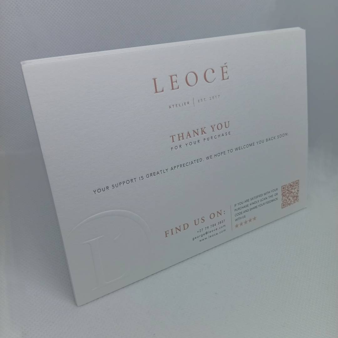 Single Thank You Card standing up showing the letterpress logo and space for a handwritten note